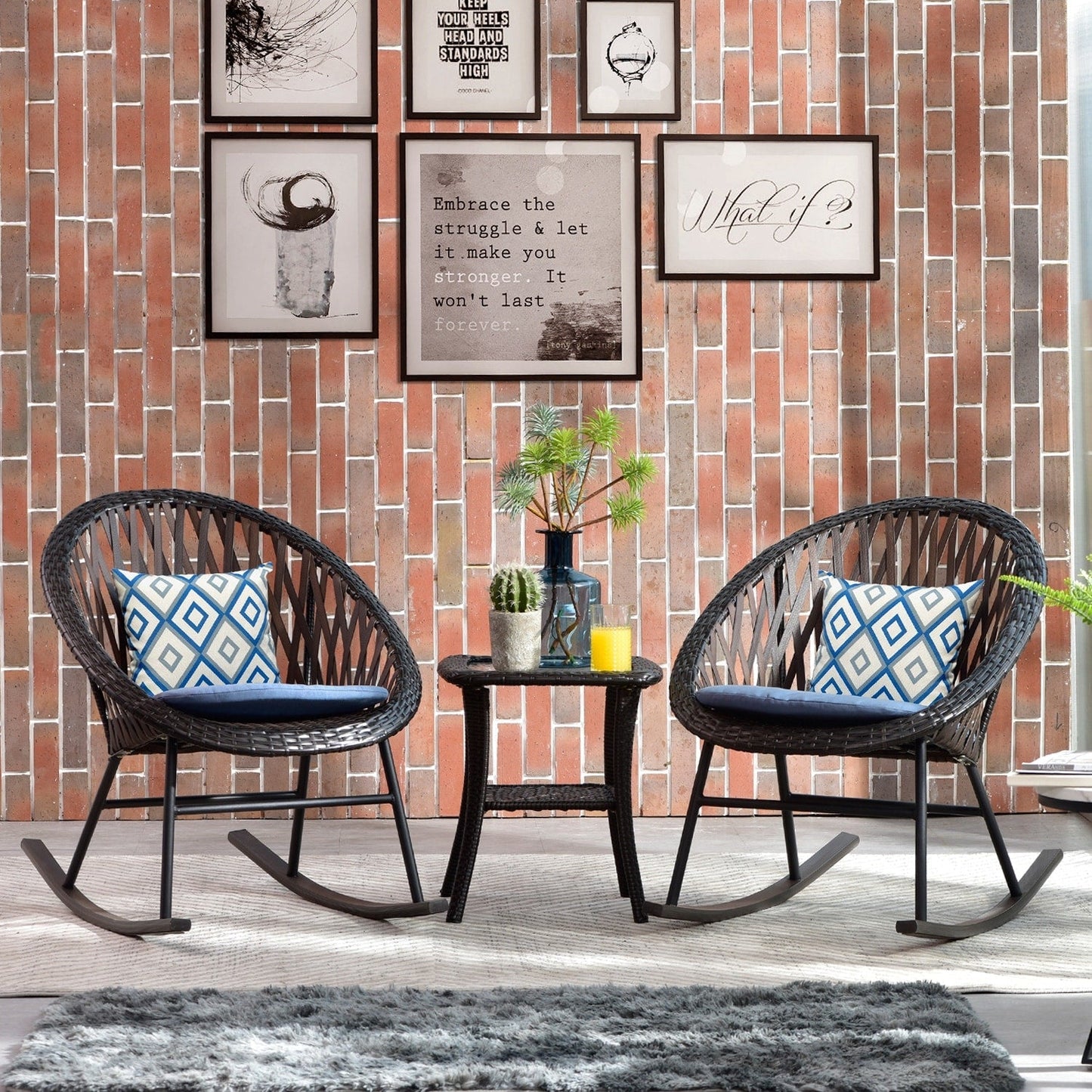 OVIOS Ensemble Bistro 3 pièces pour Patio avec Fauteuils Berçaux et Table Basse en Verre