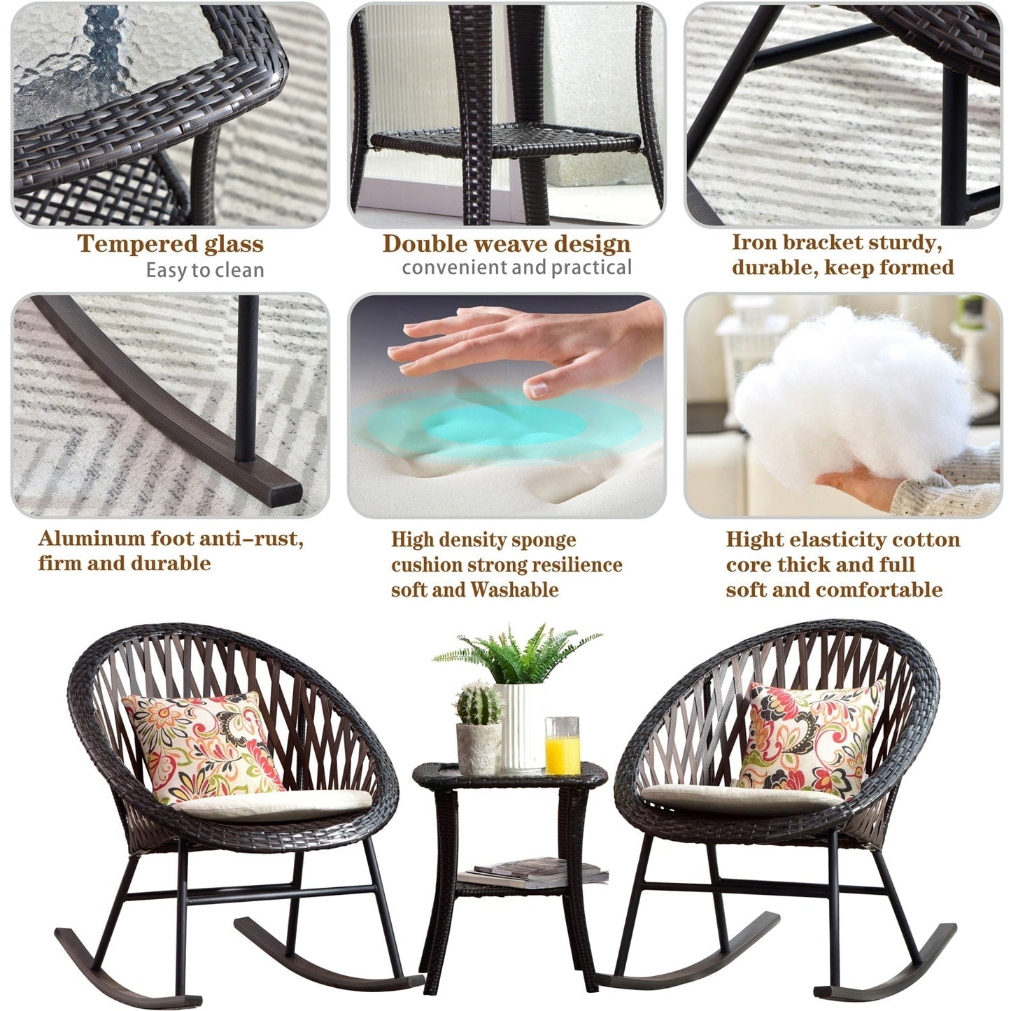 OVIOS Ensemble Bistro 3 pièces pour Patio avec Fauteuils Berçaux et Table Basse en Verre