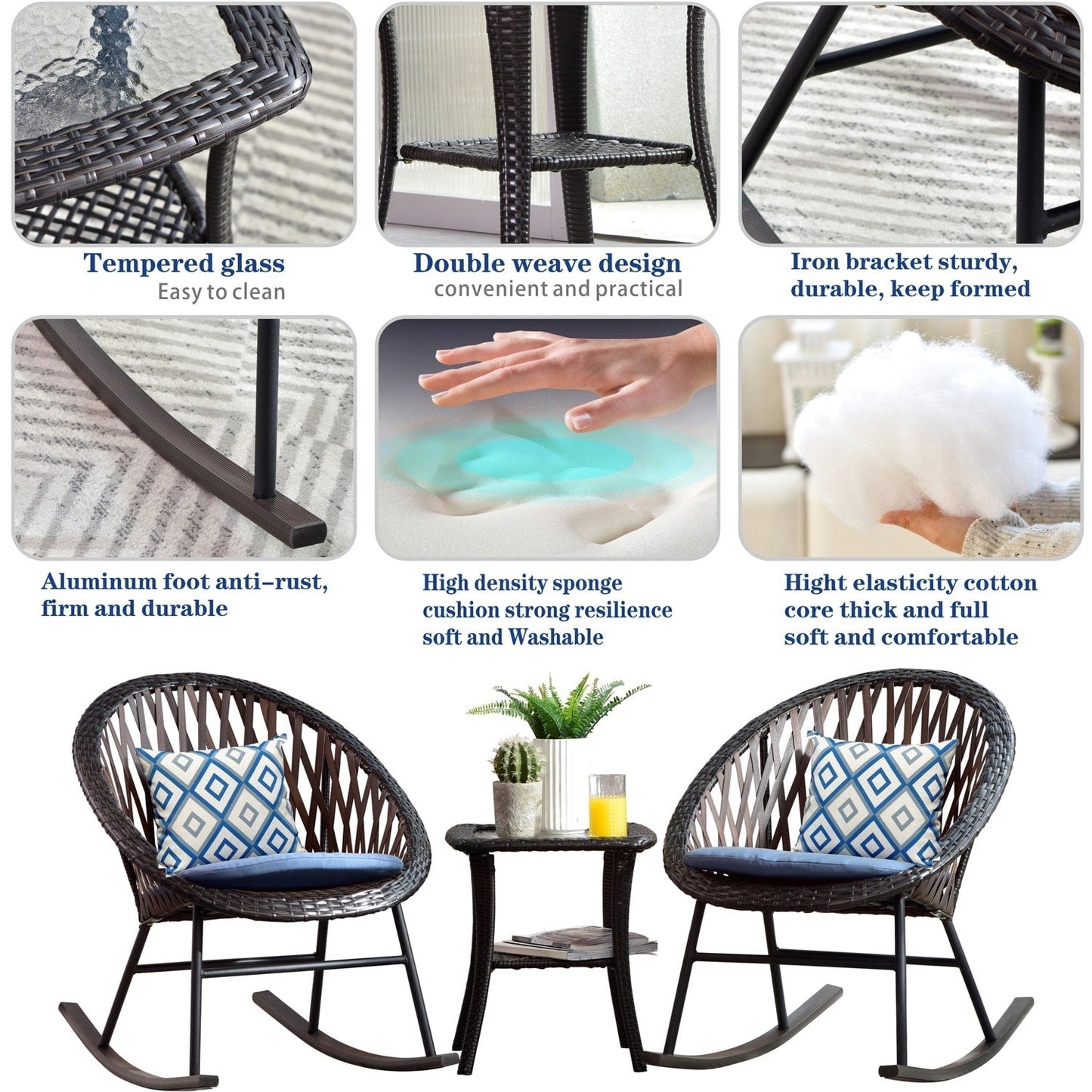 OVIOS Ensemble Bistro 3 pièces pour Patio avec Fauteuils Berçaux et Table Basse en Verre