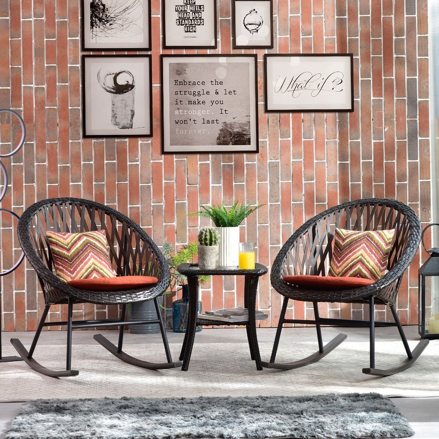 OVIOS Ensemble Bistro 3 pièces pour Patio avec Fauteuils Berçaux et Table Basse en Verre