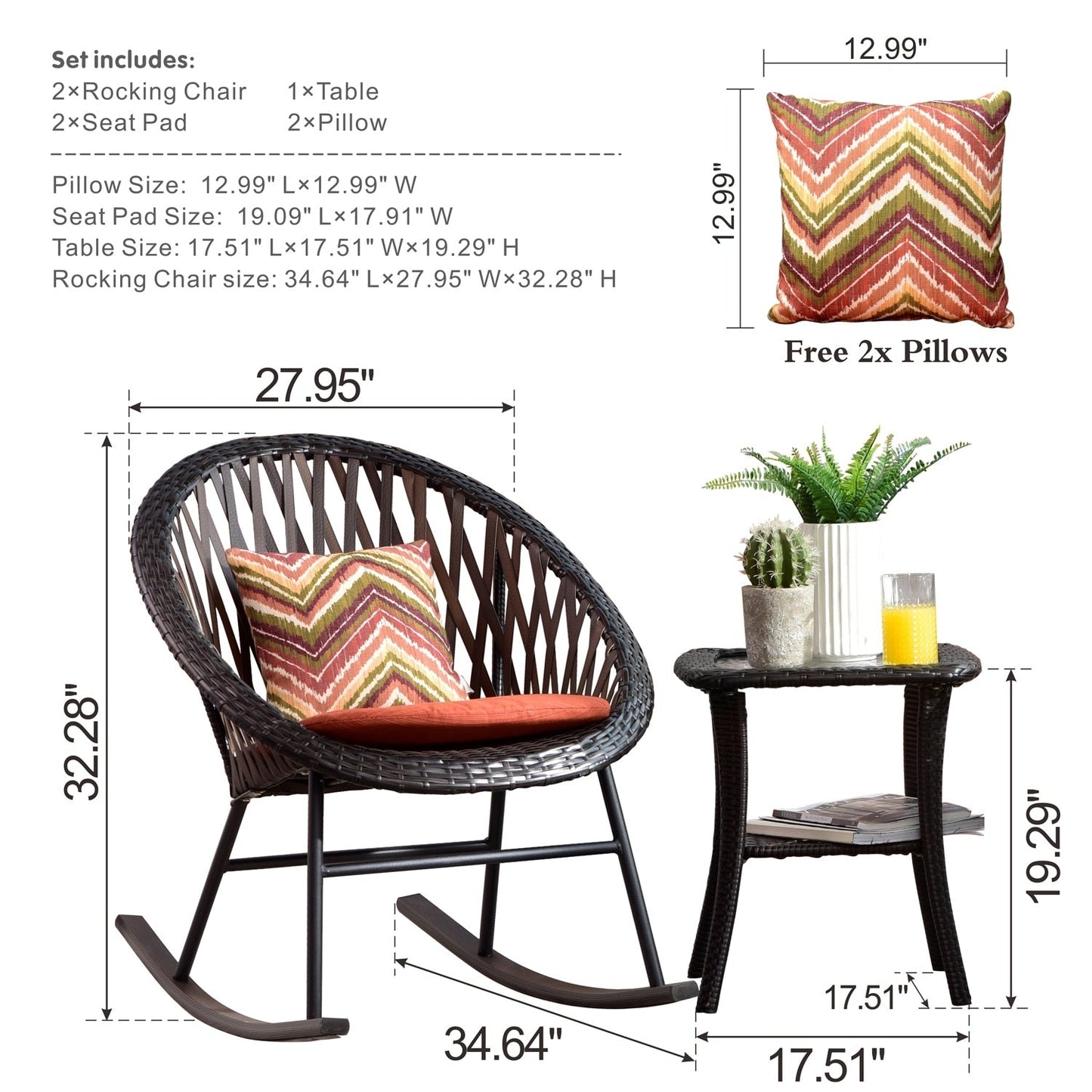OVIOS Ensemble Bistro 3 pièces pour Patio avec Fauteuils Berçaux et Table Basse en Verre