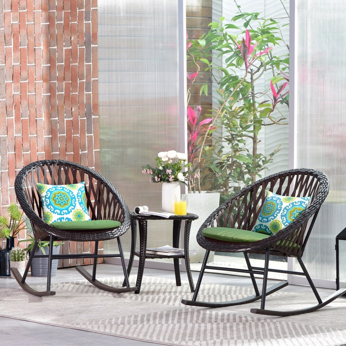 OVIOS Ensemble Bistro 3 pièces pour Patio avec Fauteuils Berçaux et Table Basse en Verre