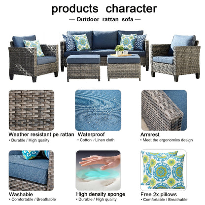 OVIOS Ensemble de meubles de jardin en osier pour extérieur, 5 pièces, avec dossier haut.