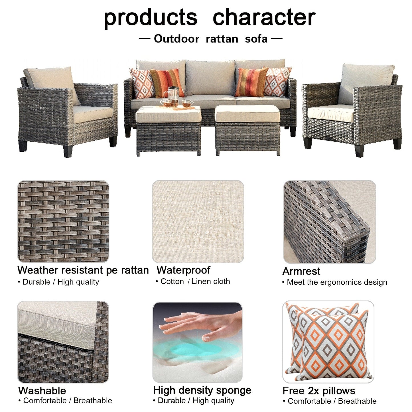 OVIOS Ensemble de meubles de jardin en osier pour extérieur, 5 pièces, avec dossier haut.