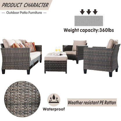 OVIOS Ensemble de meubles de jardin en osier pour extérieur, 5 pièces, avec dossier haut.