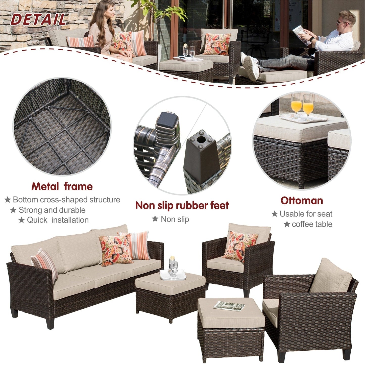 OVIOS Ensemble de meubles de jardin en osier pour extérieur, 5 pièces, avec dossier haut.