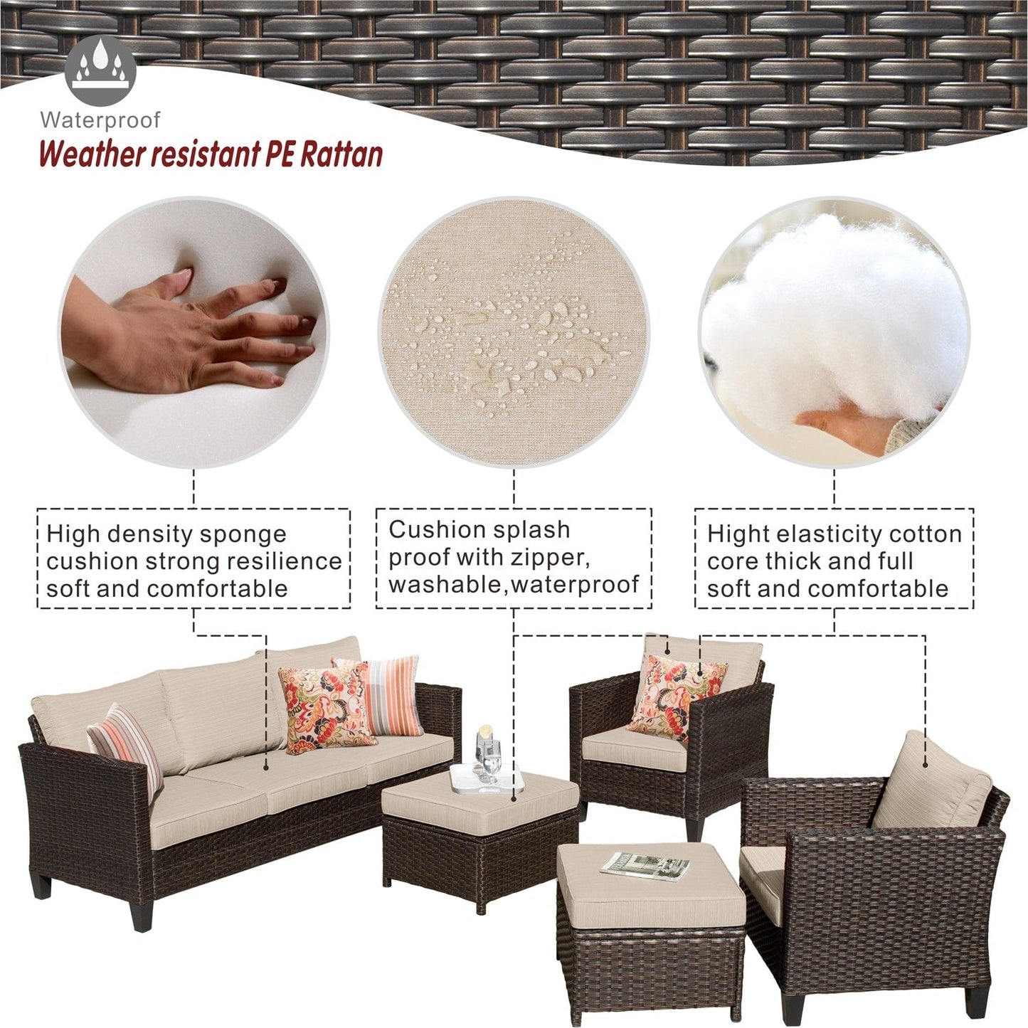 OVIOS Ensemble de meubles de jardin en osier pour extérieur, 5 pièces, avec dossier haut.