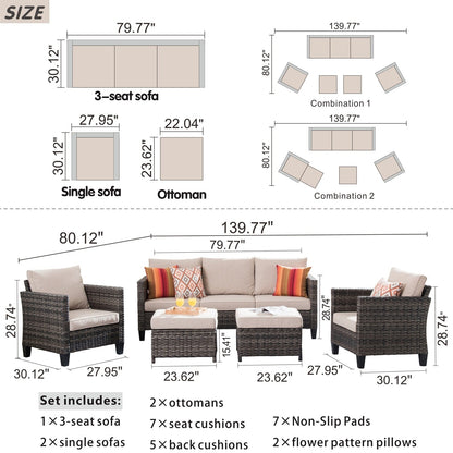 OVIOS Ensemble de meubles de jardin en osier pour extérieur, 5 pièces, avec dossier haut.