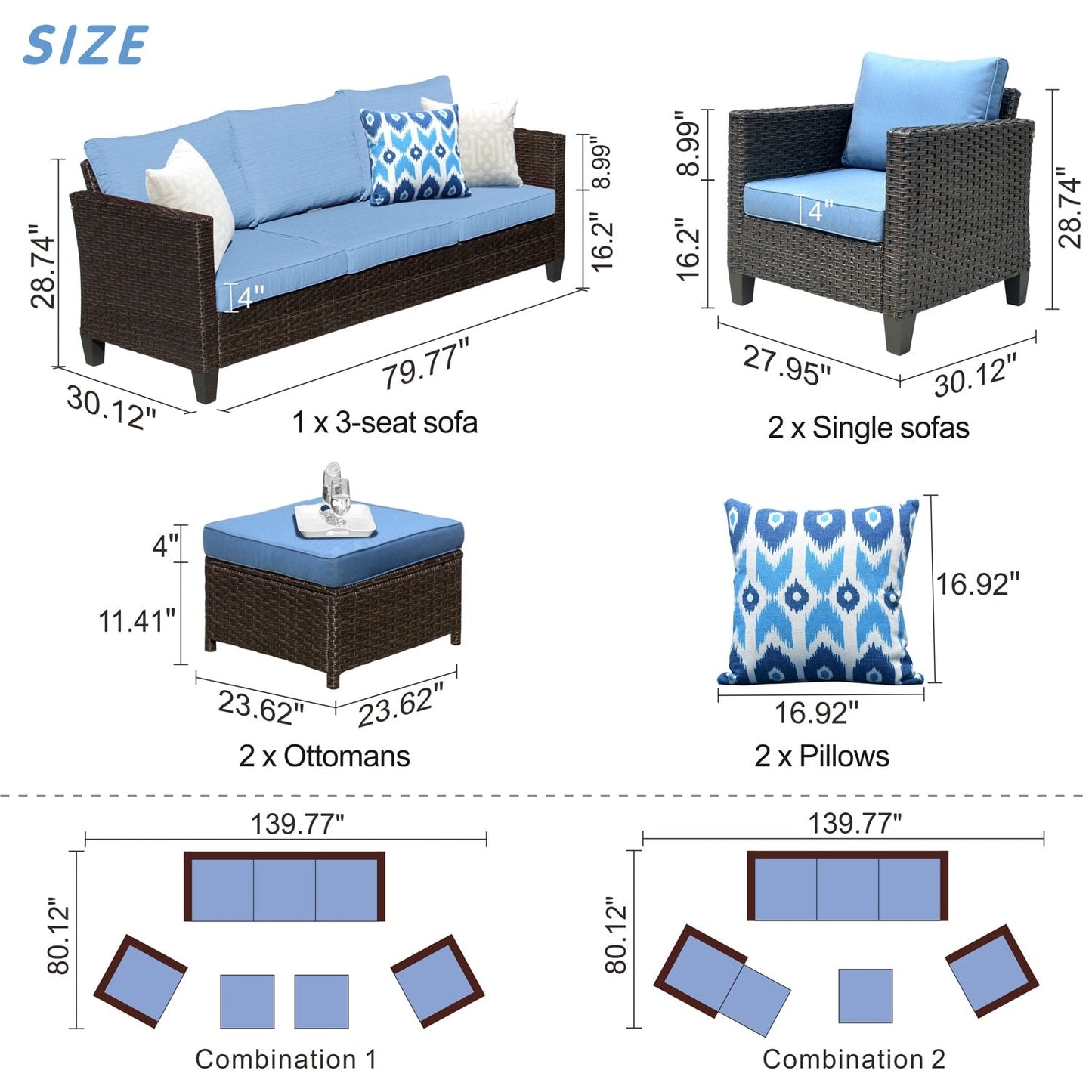 OVIOS Ensemble de meubles de jardin en osier pour extérieur, 5 pièces, avec dossier haut.