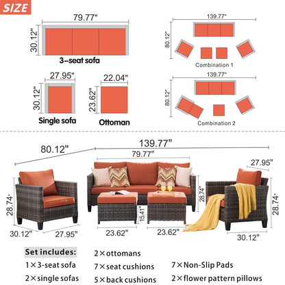 OVIOS Ensemble de meubles de jardin en osier pour extérieur, 5 pièces, avec dossier haut.