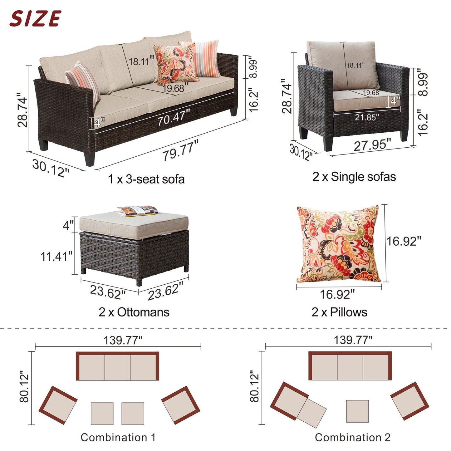 OVIOS Ensemble de meubles de jardin en osier pour extérieur, 5 pièces, avec dossier haut.