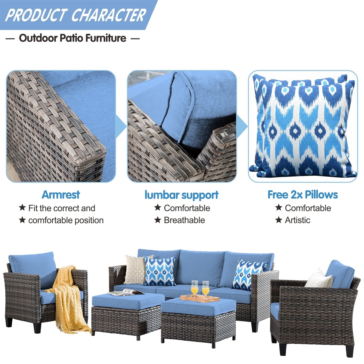 OVIOS Ensemble de meubles de jardin en osier pour extérieur, 5 pièces, avec dossier haut.