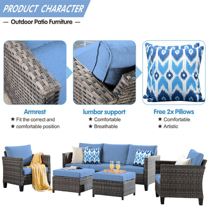 OVIOS Ensemble de meubles de jardin en osier pour extérieur, 5 pièces, avec dossier haut.