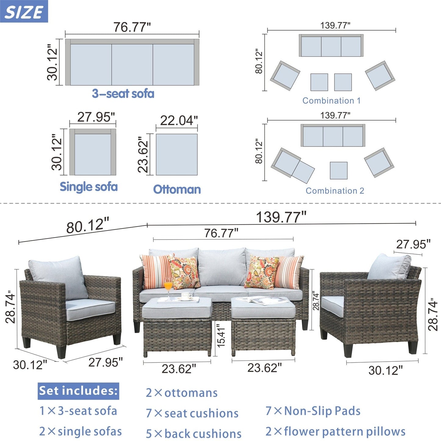 OVIOS Ensemble de meubles de jardin en osier pour extérieur, 5 pièces, avec dossier haut.