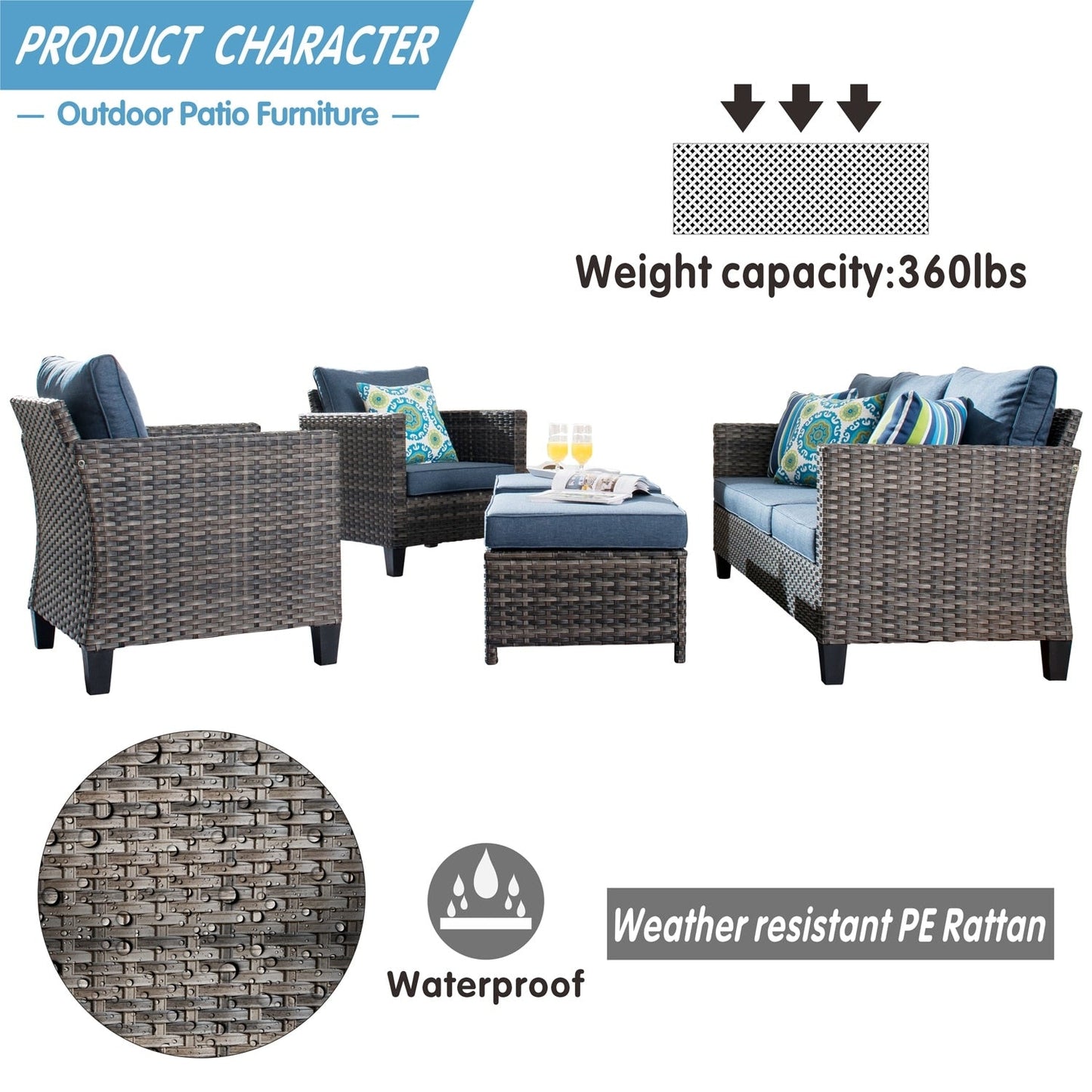 OVIOS Ensemble de meubles de jardin en osier pour extérieur, 5 pièces, avec dossier haut.