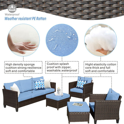 OVIOS Ensemble de meubles de jardin en osier pour extérieur, 5 pièces, avec dossier haut.