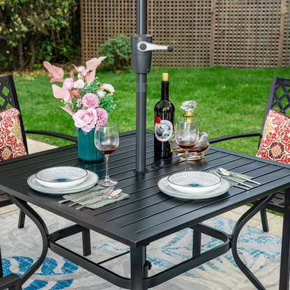 Ensemble de repas de patio MAISON ARTS 6 pièces avec parasol inclinable automatique à 3 niveaux de 10 pieds : 4 chaises de jardin en métal, 1 table de salle à manger carrée en métal