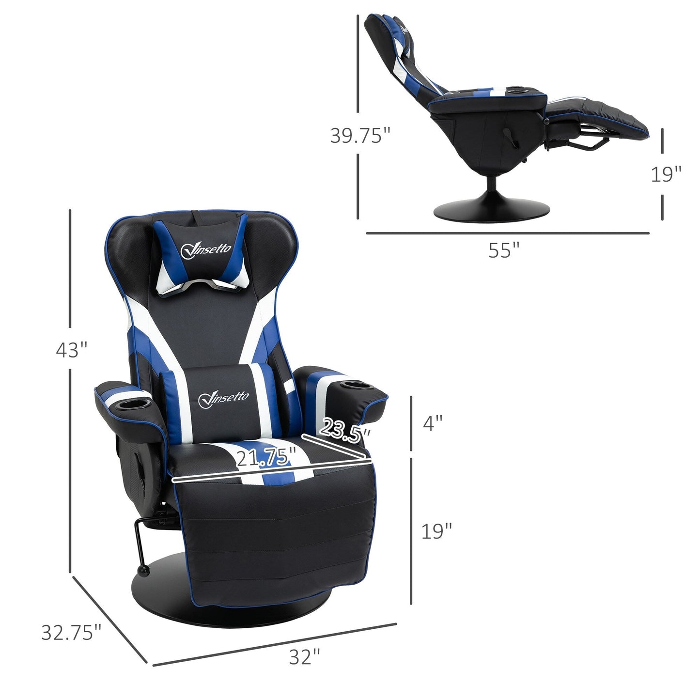 Fauteuil de jeu inclinable en PVC sans accoudoirs, avec repose-pieds, porte-gobelets et surpiqûres en losange.