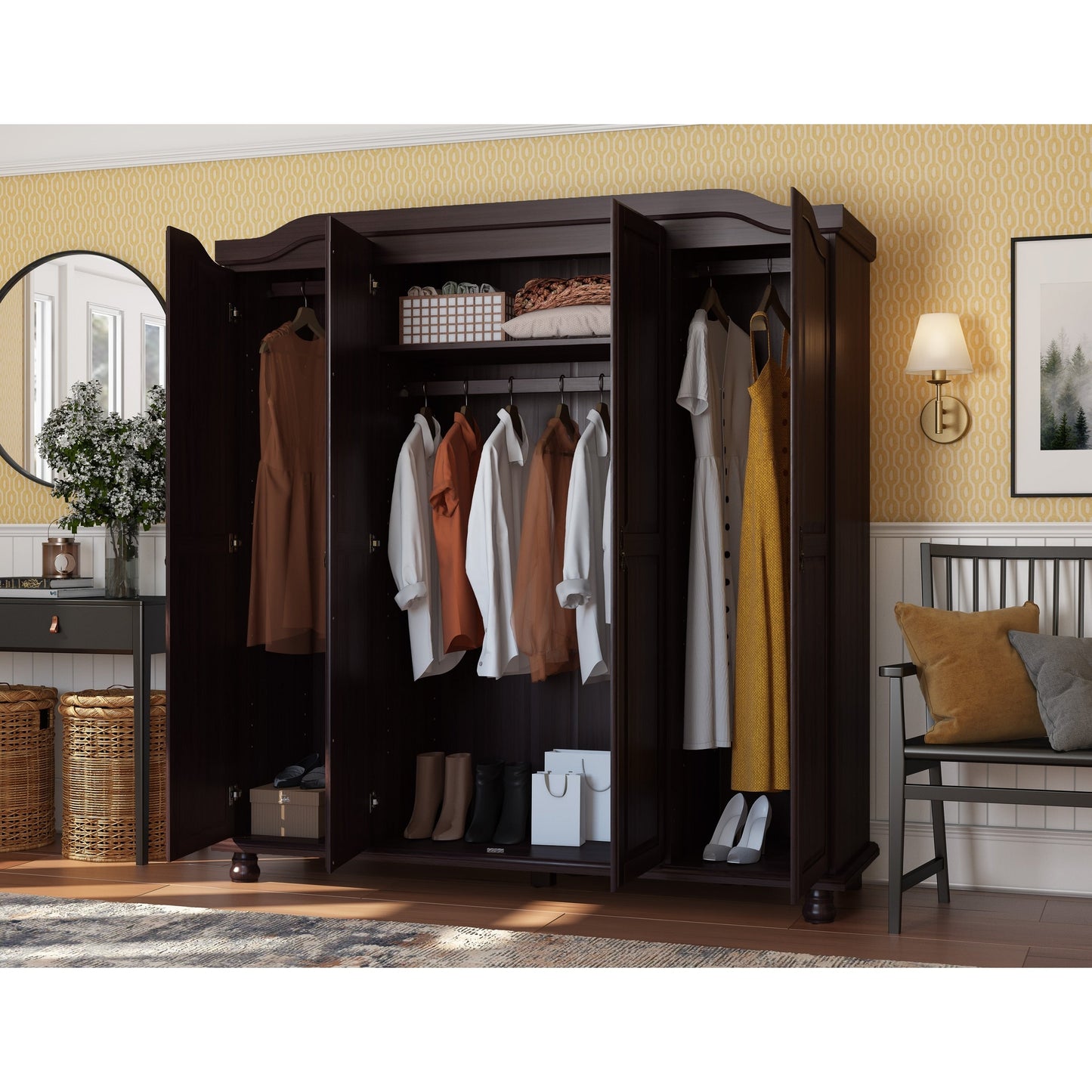 Palace Imports Armoire Kyle 4 portes en bois massif avec portes en bois massif ou en miroir