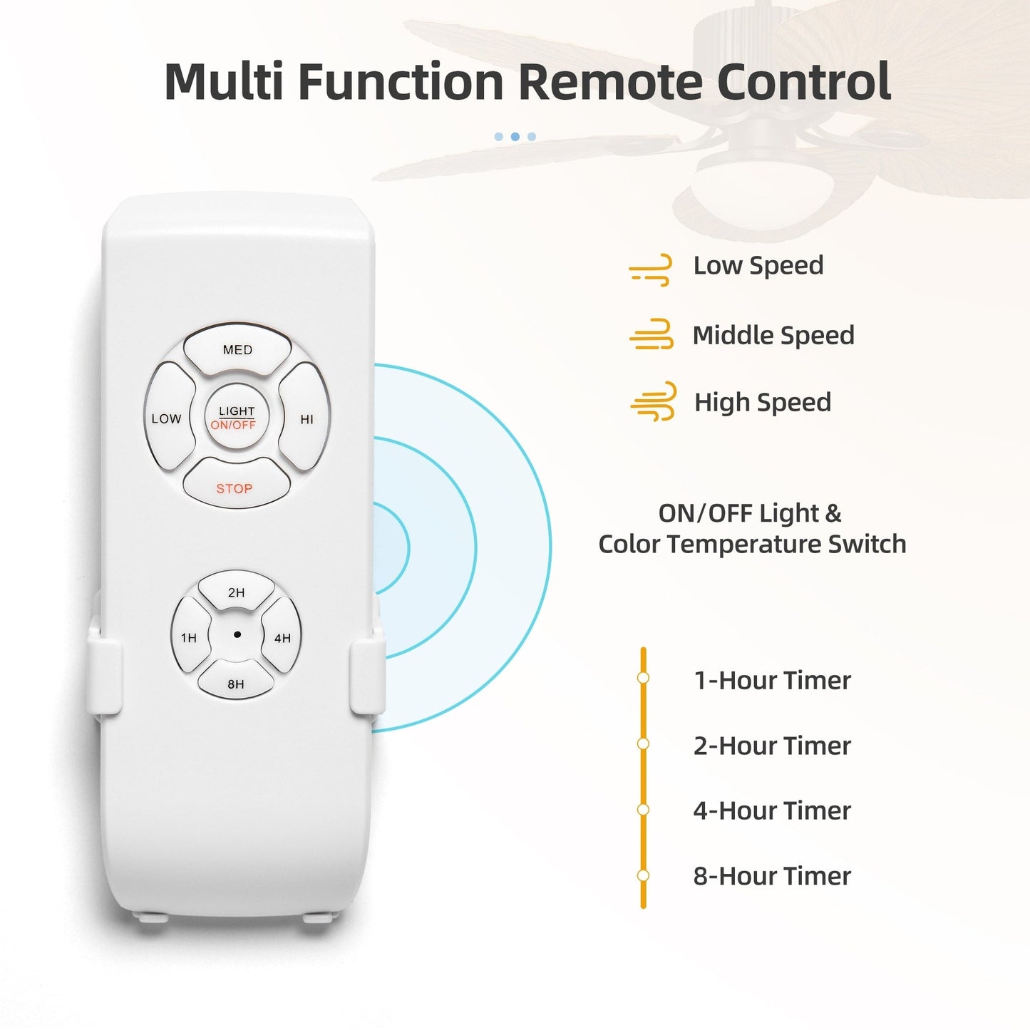 Ventilateur de plafond Moasis à 52 pales en forme de feuille de palmier avec éclairage, style tropical, avec télécommande