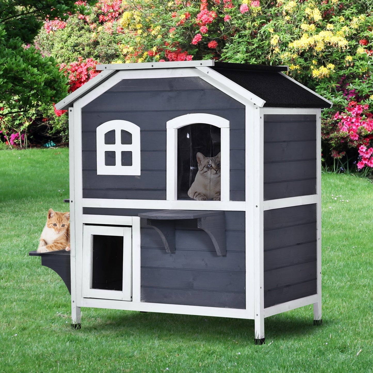 PawHut Maison de Chat d'extérieur en Bois de Sapin à 2 Étagers, Abri en Bois pour Chats Errants avec Toit en Asphalte Ouvrant pour Intérieur/Extérieur, Blanc/Gris