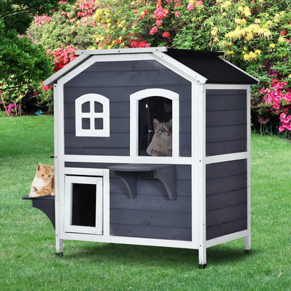 PawHut Maison de Chat d'extérieur en Bois de Sapin à 2 Étagers, Abri en Bois pour Chats Errants avec Toit en Asphalte Ouvrant pour Intérieur/Extérieur, Blanc/Gris