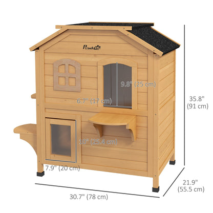 PawHut Maison de Chat d'extérieur en Bois de Sapin à 2 Étagers, Abri en Bois pour Chats Errants avec Toit en Asphalte Ouvrant pour Intérieur/Extérieur, Blanc/Gris