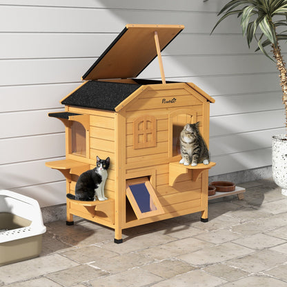 PawHut Maison de Chat d'extérieur en Bois de Sapin à 2 Étagers, Abri en Bois pour Chats Errants avec Toit en Asphalte Ouvrant pour Intérieur/Extérieur, Blanc/Gris