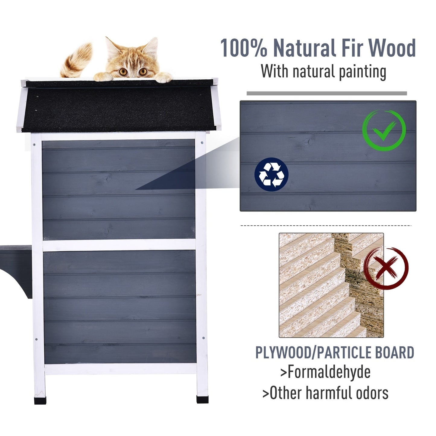 PawHut Maison de Chat d'extérieur en Bois de Sapin à 2 Étagers, Abri en Bois pour Chats Errants avec Toit en Asphalte Ouvrant pour Intérieur/Extérieur, Blanc/Gris