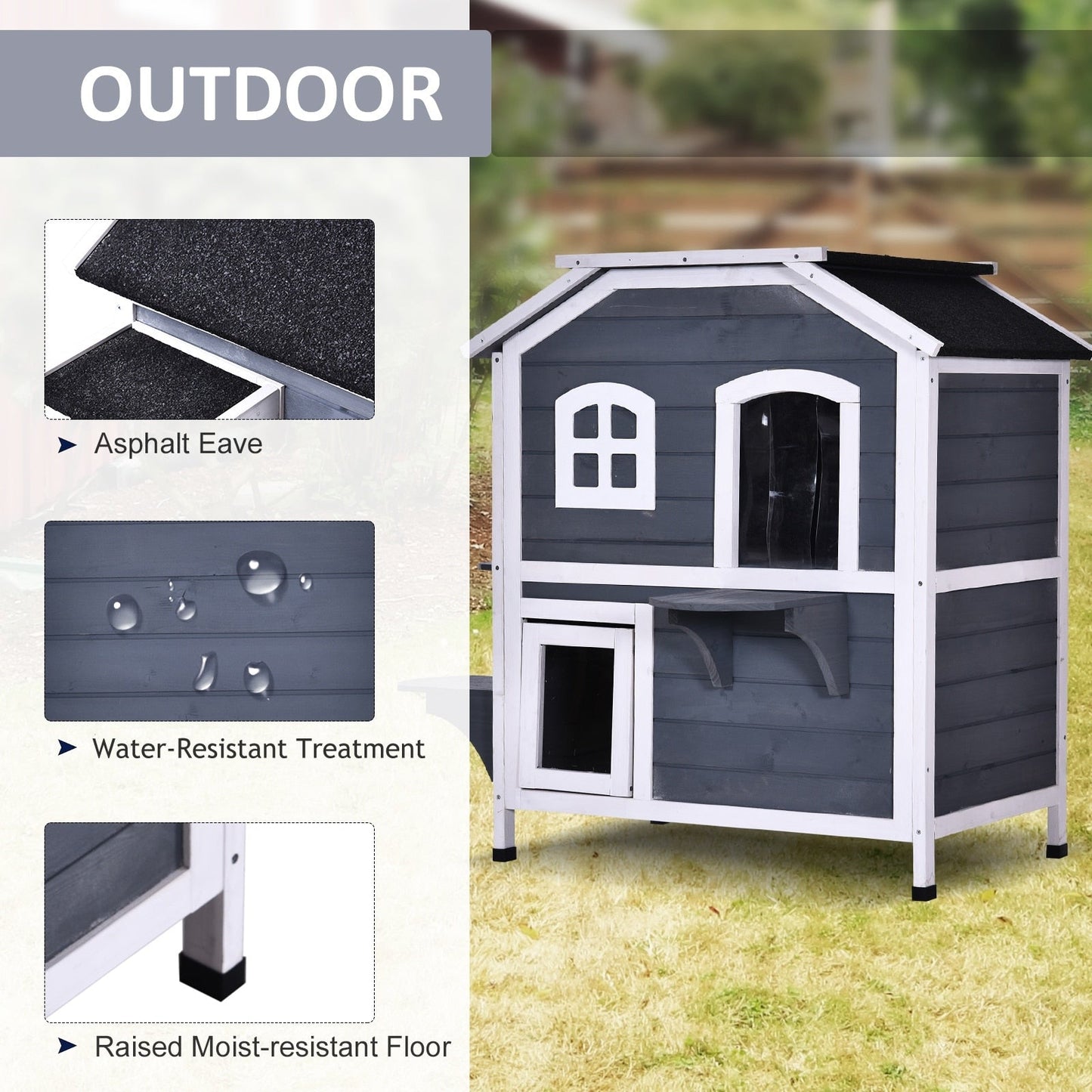 PawHut Maison de Chat d'extérieur en Bois de Sapin à 2 Étagers, Abri en Bois pour Chats Errants avec Toit en Asphalte Ouvrant pour Intérieur/Extérieur, Blanc/Gris