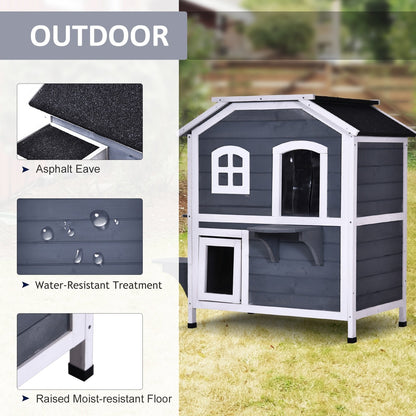 PawHut Maison de Chat d'extérieur en Bois de Sapin à 2 Étagers, Abri en Bois pour Chats Errants avec Toit en Asphalte Ouvrant pour Intérieur/Extérieur, Blanc/Gris