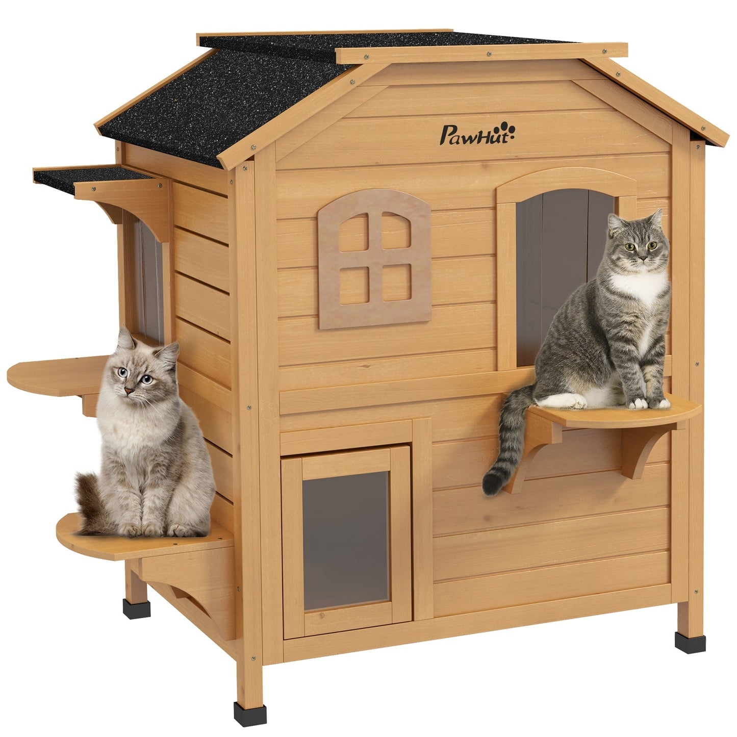PawHut Maison de Chat d'extérieur en Bois de Sapin à 2 Étagers, Abri en Bois pour Chats Errants avec Toit en Asphalte Ouvrant pour Intérieur/Extérieur, Blanc/Gris
