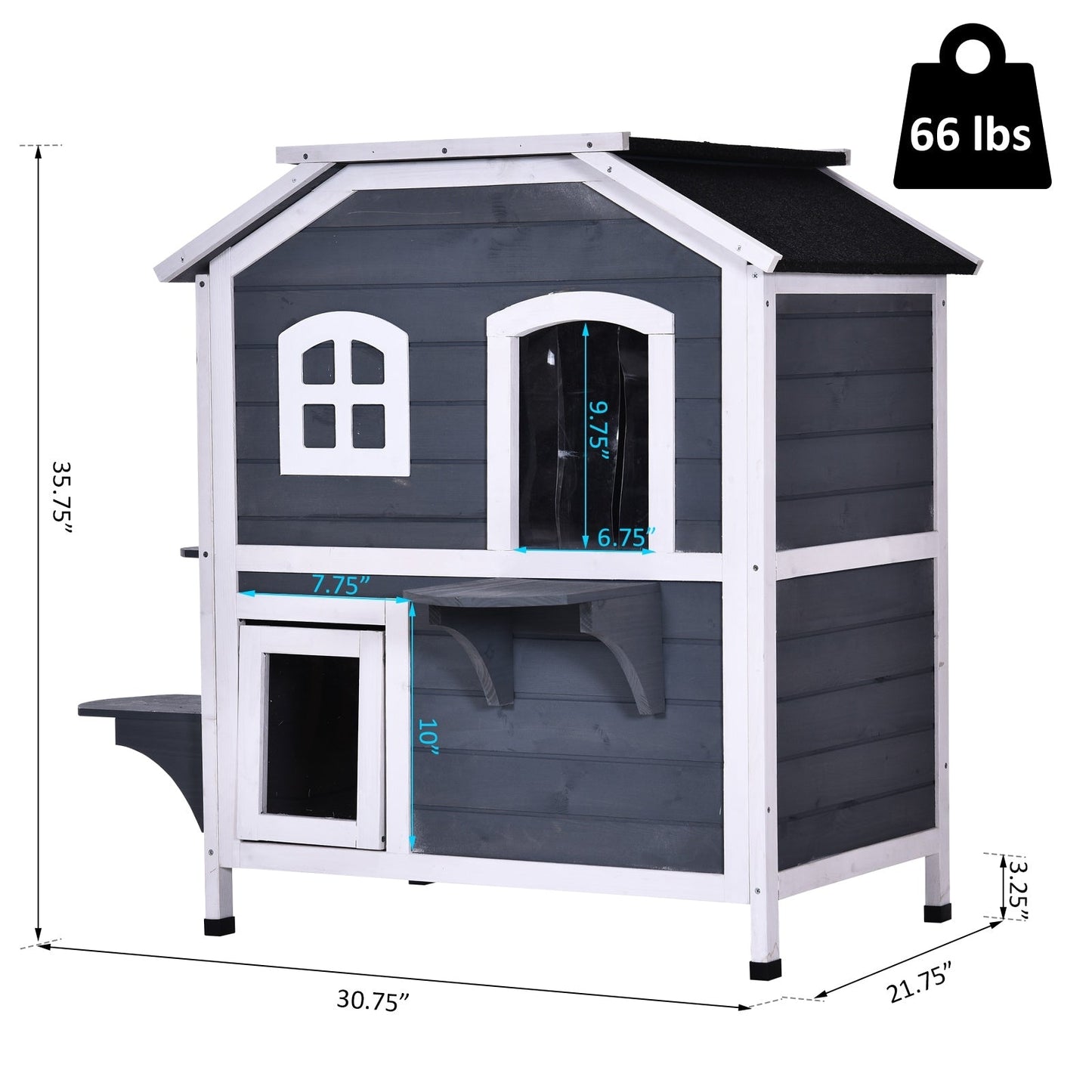 PawHut Maison de Chat d'extérieur en Bois de Sapin à 2 Étagers, Abri en Bois pour Chats Errants avec Toit en Asphalte Ouvrant pour Intérieur/Extérieur, Blanc/Gris