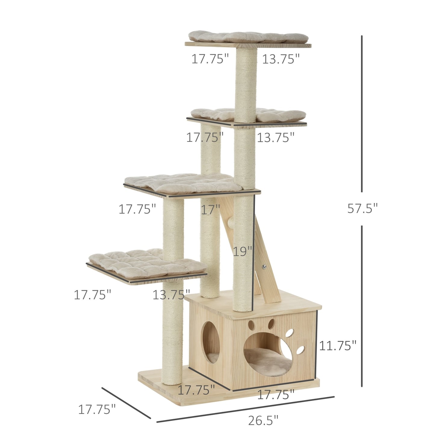 PawHut Arbre à chat multi-niveaux avec poteau à gratter recouvert de sisal, activités pour les chatons et coussin moelleux luxueux