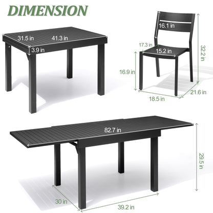 Ensemble de repas d'extérieur en aluminium Pellebant, extensible, avec table et chaises empilables, 5/7/9 pièces