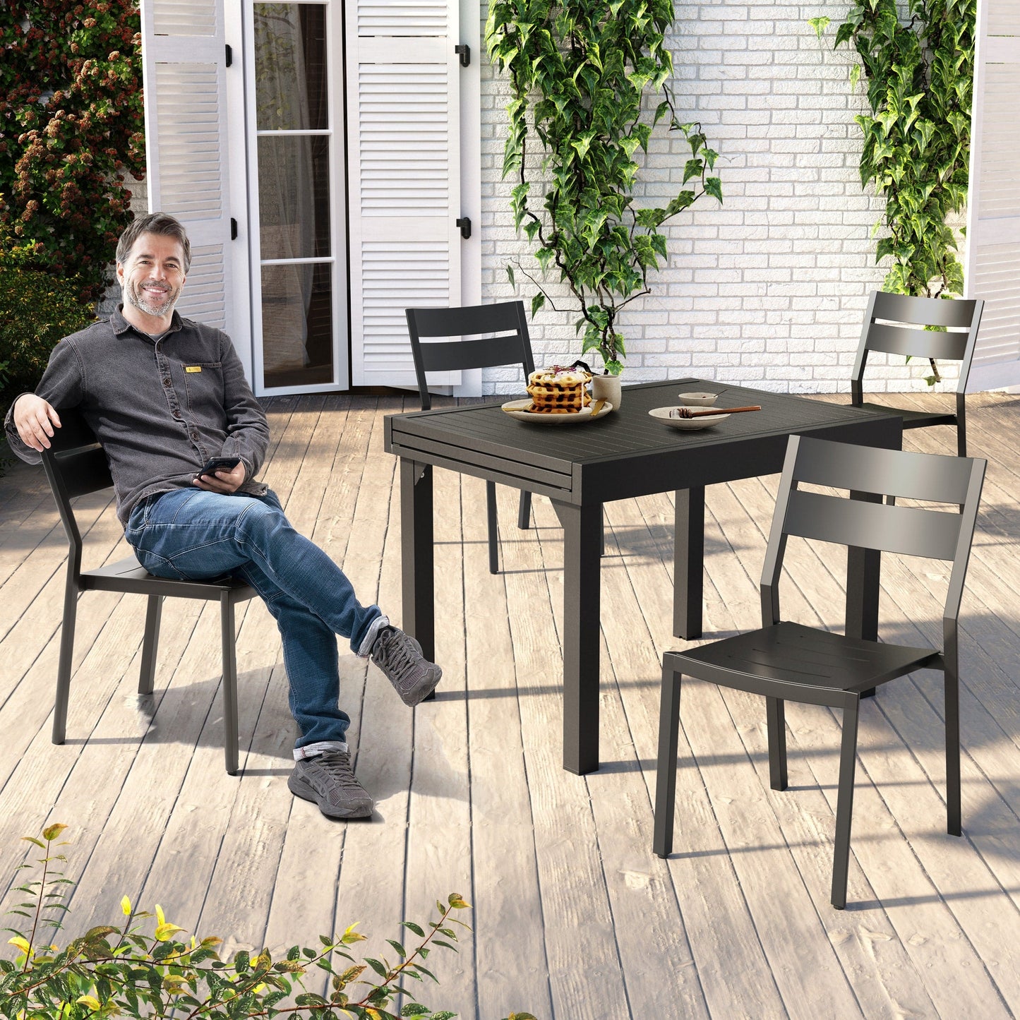 Ensemble de repas d'extérieur en aluminium Pellebant, extensible, avec table et chaises empilables, 5/7/9 pièces