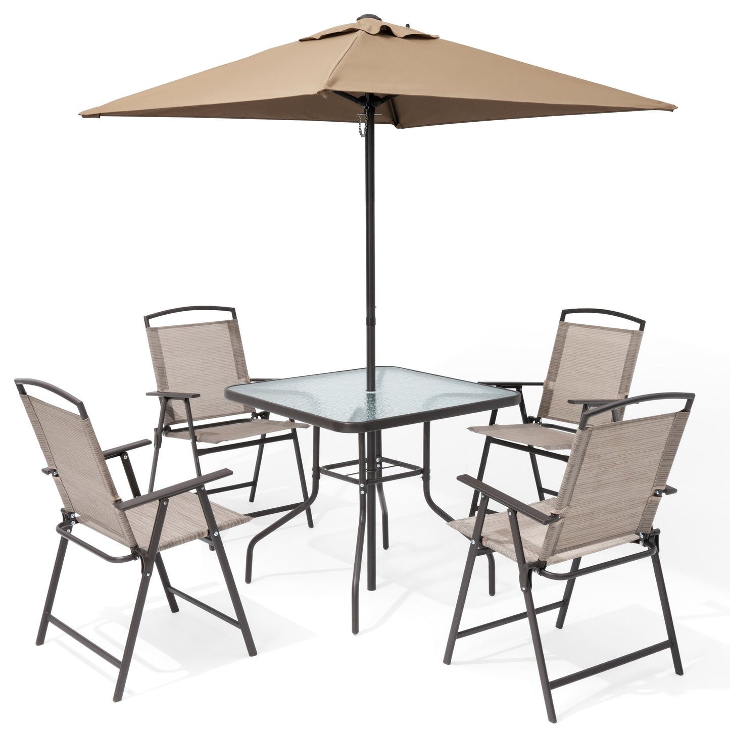 Ensemble de jardin 6 pièces Pellebant avec table, parasol et 4 chaises pliantes - 57x68x87cm (LxlxH)