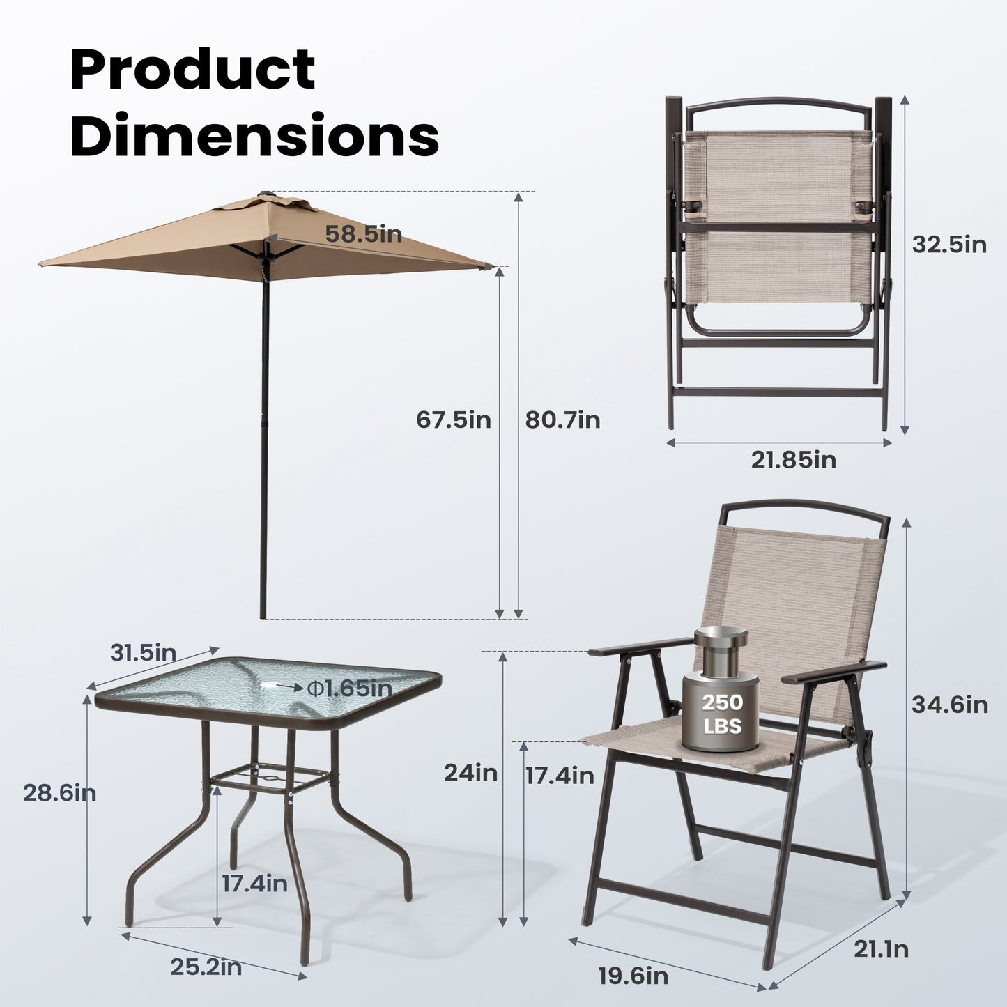 Ensemble de jardin 6 pièces Pellebant avec table, parasol et 4 chaises pliantes - 57x68x87cm (LxlxH)