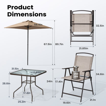 Ensemble de jardin 6 pièces Pellebant avec table, parasol et 4 chaises pliantes - 57x68x87cm (LxlxH)