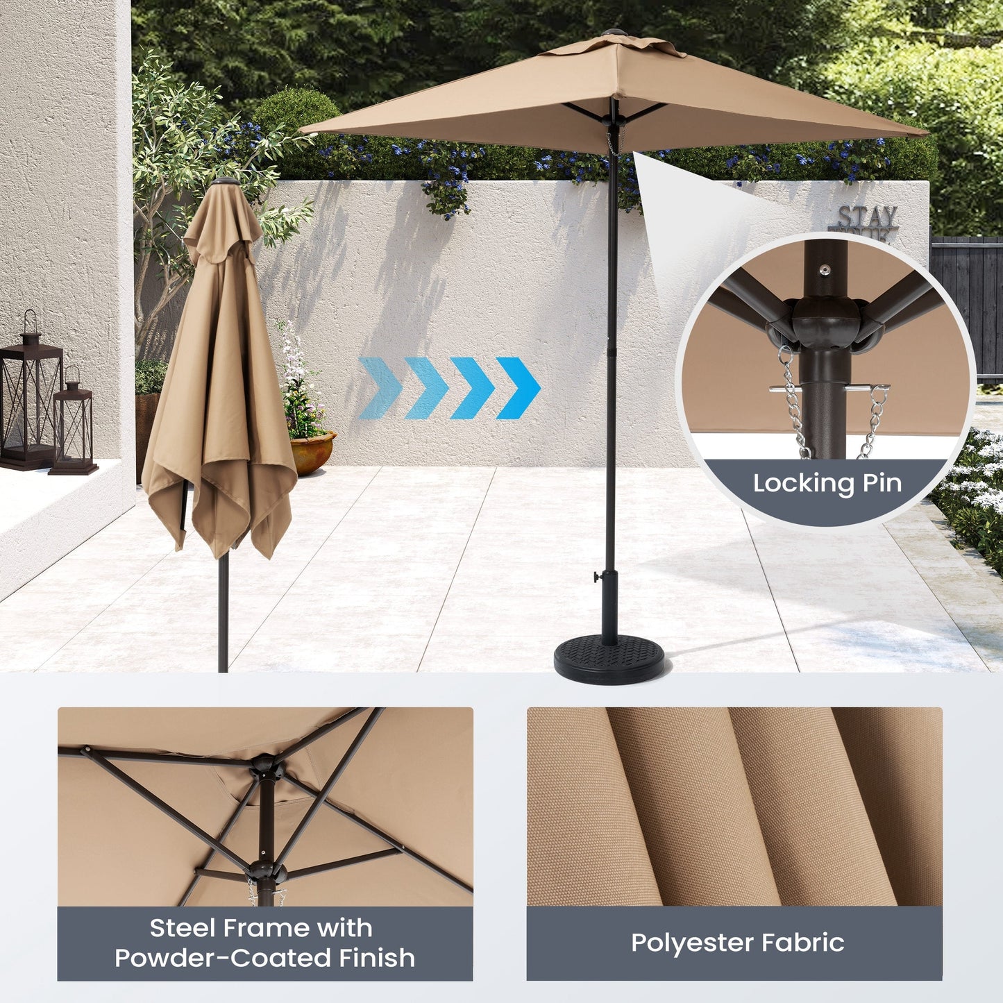 Ensemble de jardin 6 pièces Pellebant avec table, parasol et 4 chaises pliantes - 57x68x87cm (LxlxH)