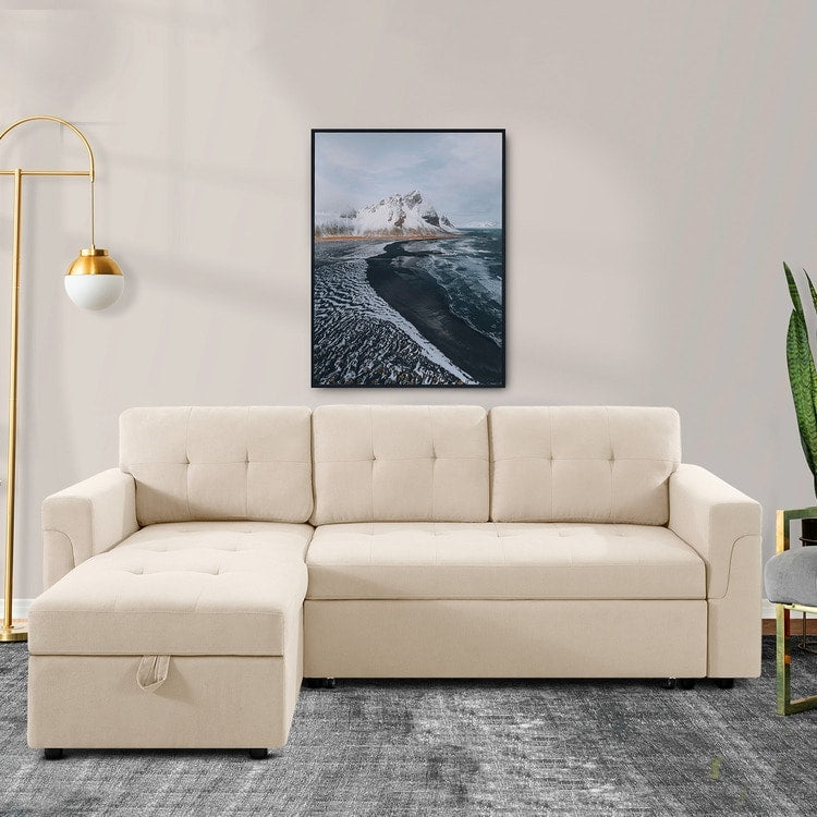 Canapé d'angle réversible avec lit escamotable, chaise longue avec rangement intégré, pieds robustes,