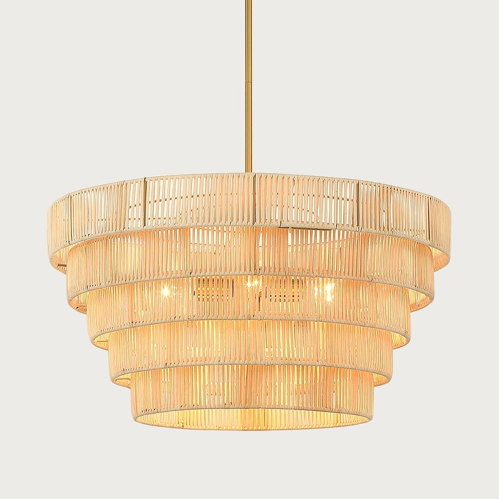 Piersan Lustre moderne bohème à 5 lumières avec abat-jour en rotin à plusieurs niveaux - 66 cm de largeur