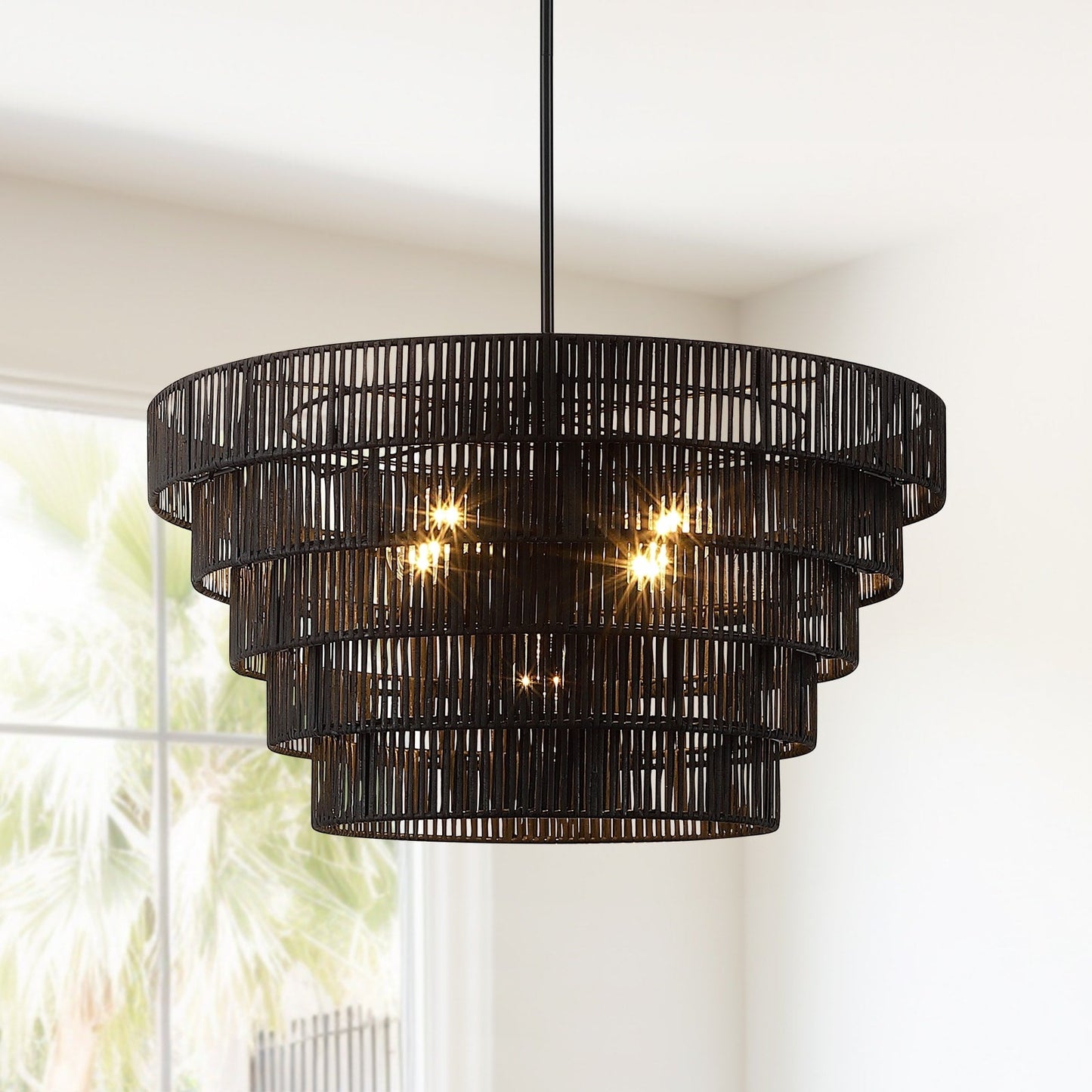 Piersan Lustre moderne bohème à 5 lumières avec abat-jour en rotin à plusieurs niveaux - 66 cm de largeur