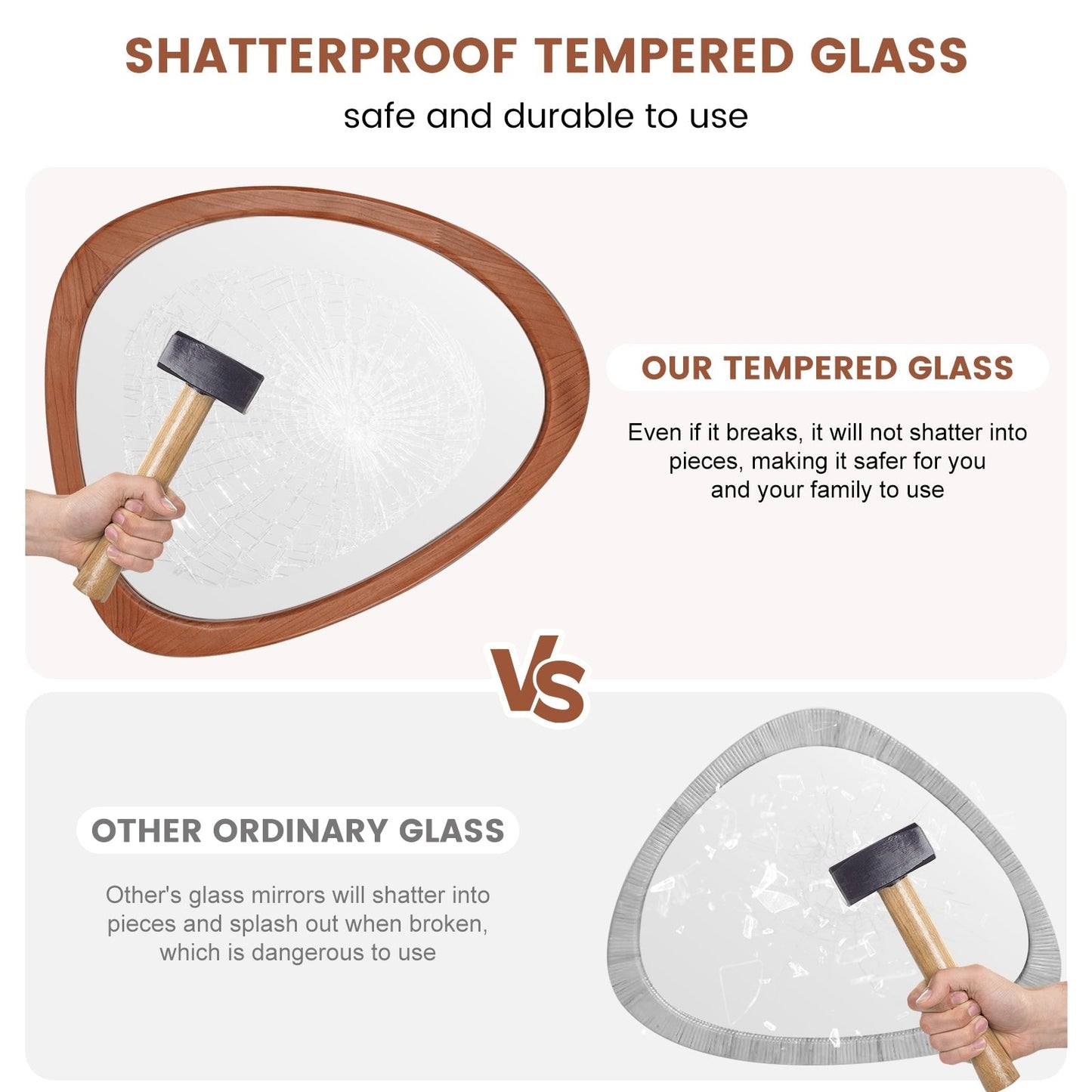 Miroir mural asymétrique en forme de galet avec cadre en pin.