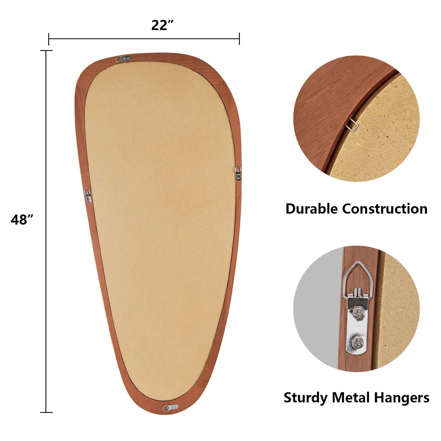 Miroir mural asymétrique en forme de galet avec cadre en pin.