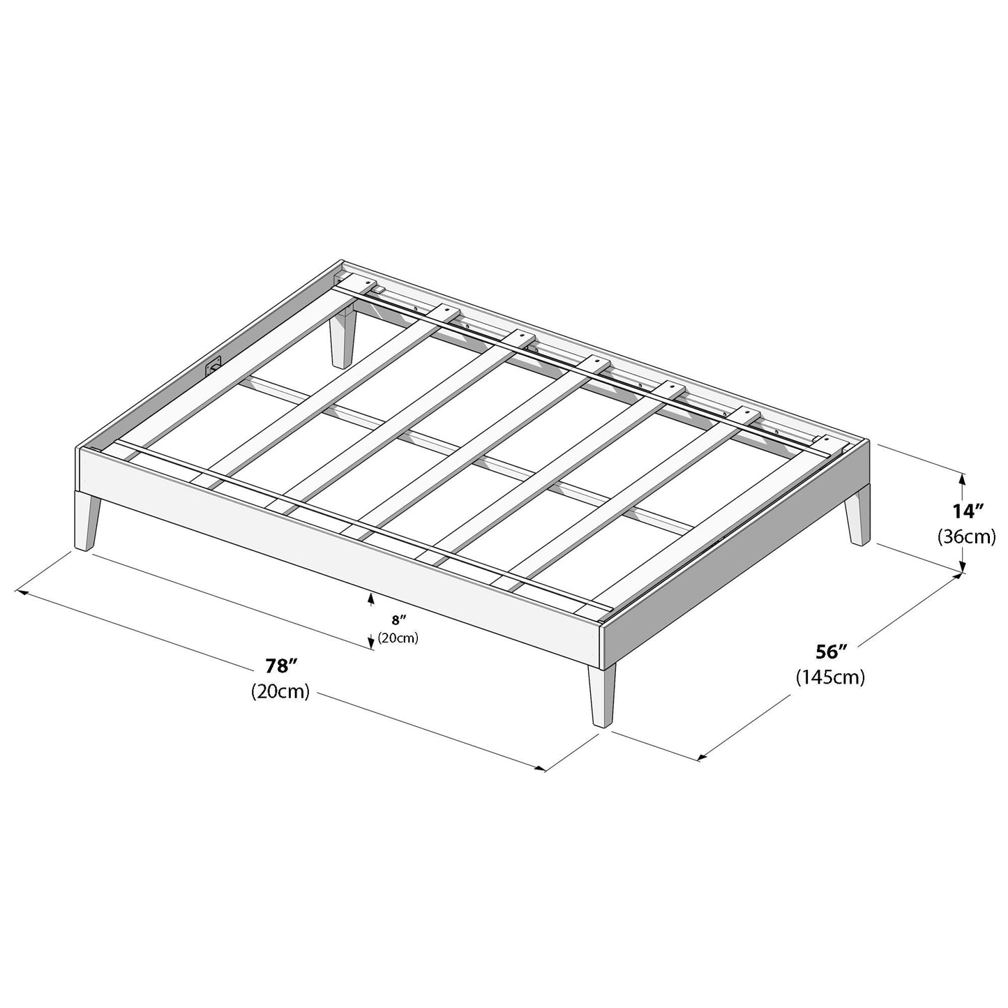 Lit plateforme à lattes et poutres, taille double