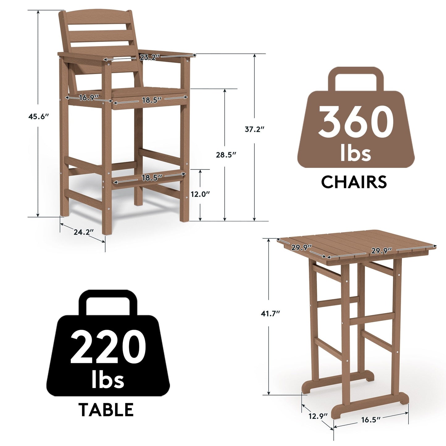 Ensemble de 3 chaises Adirondack hautes en plastique - Ensemble de conversation pour patio