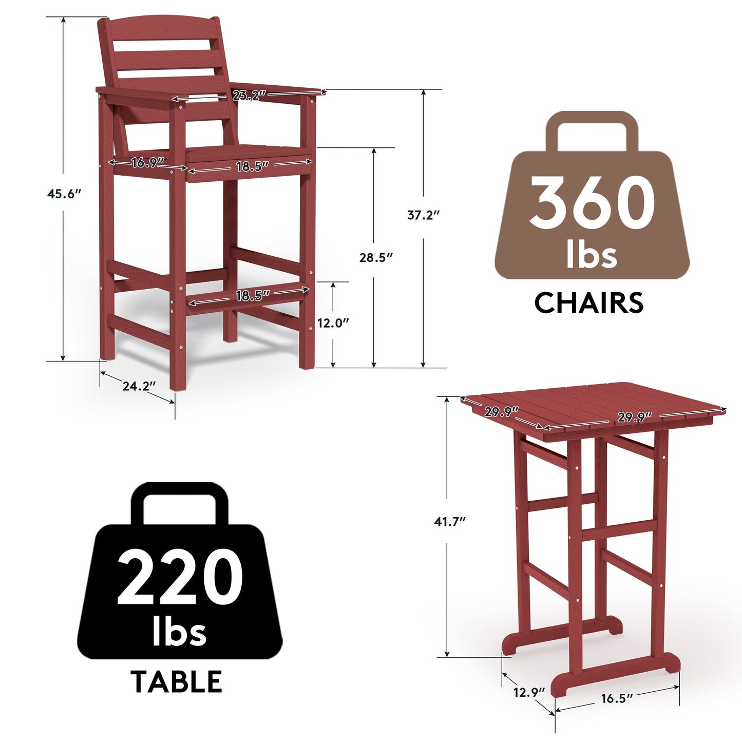 Ensemble de 3 chaises Adirondack hautes en plastique - Ensemble de conversation pour patio