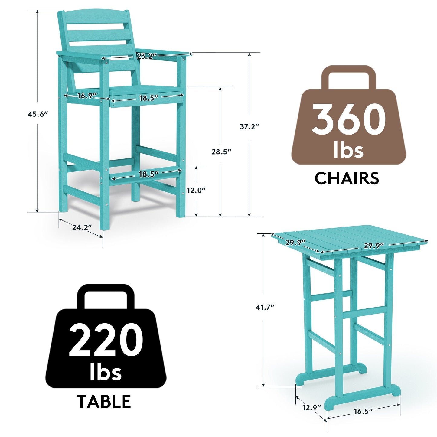 Ensemble de 3 chaises Adirondack hautes en plastique - Ensemble de conversation pour patio