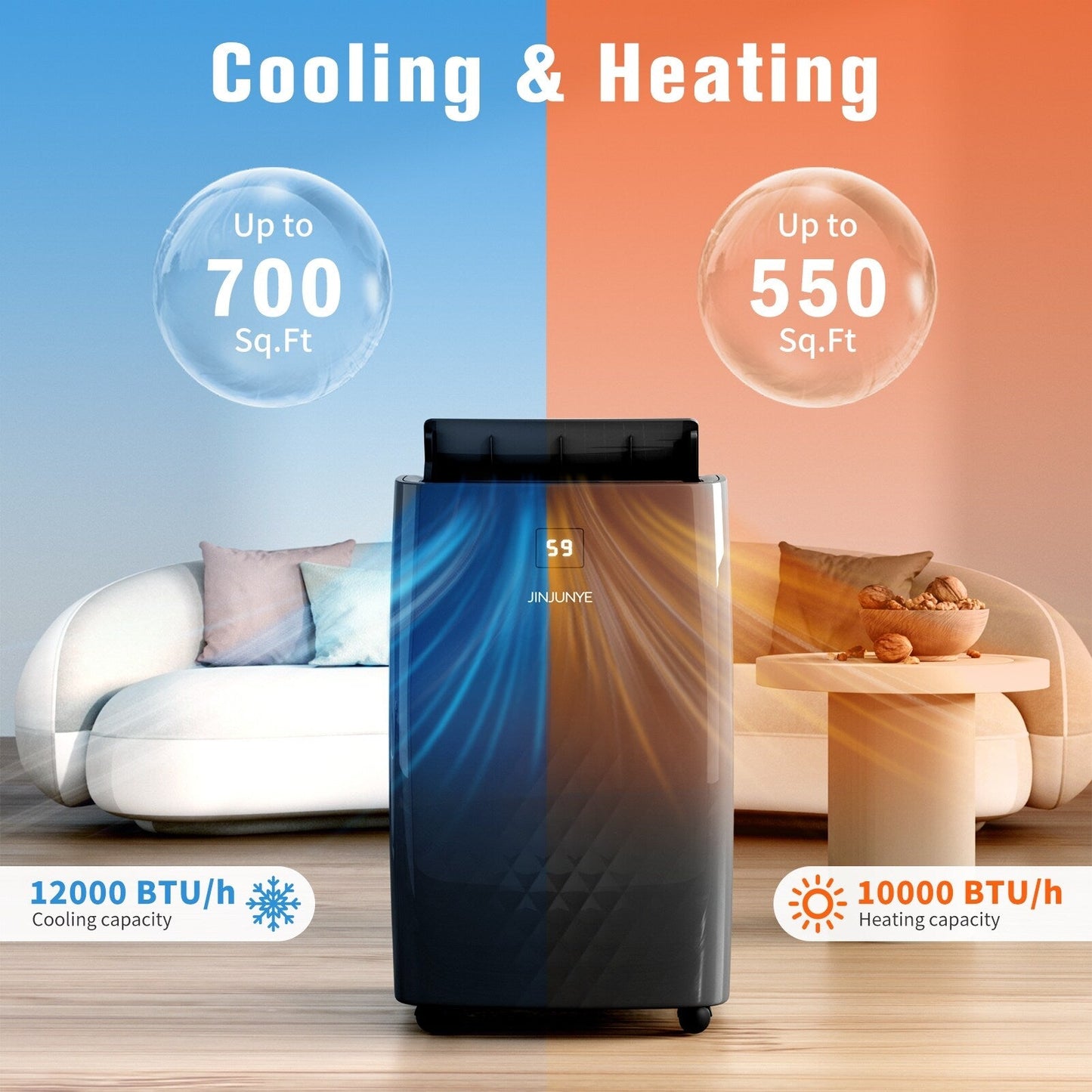 Climatiseur portable avec chauffage – 12000 BTU de refroidissement et 10000 BTU de chauffage pour les pièces jusqu'à 700 pieds carrés.
